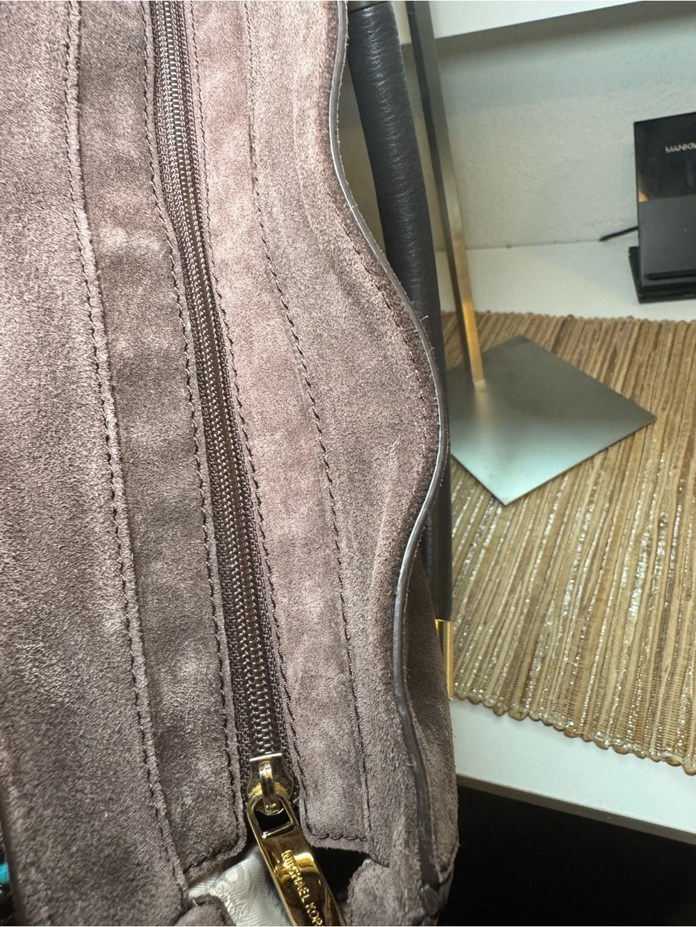 Michael Kors Taupe Suede Hobo with Gold MK Charm